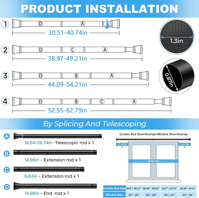 1pack Shower Curtain Rod 31-62 inch Tension Rod Black Shower rod Non Slip Adjustable Curtain Rods No Drilling Tension Curtain Rod Shower Rods for Windows Closet