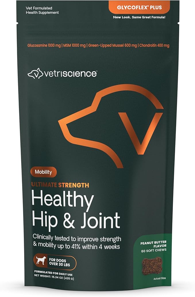 VetriScience Ultimate Strength Healthy Hip & Joint Chews, GlycoFlex Glucosamine, Chondroitin and Green-Lipped Mussel Joint Support Supplement for Dogs, Soothe Discomfort, Peanut Butter, 60 Chews