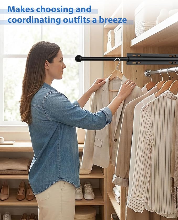 Valet Rod for Closet Pull Out, 12" Aluminum Valet Heavy Duty Closet Valet Rod, Adjustable Retractable Slide Out Valet Rod Closet Organization for Closet Laundry Bedroom Bathroom(Black)