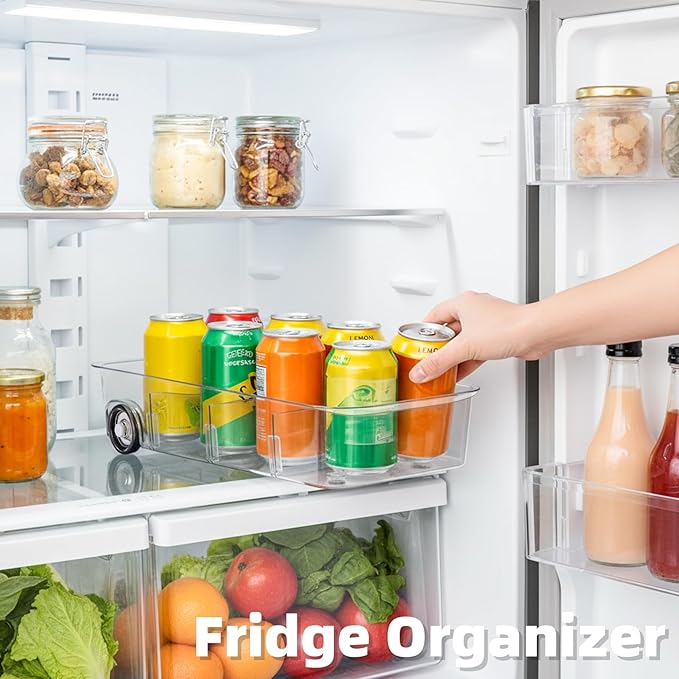 2 Pack Refrigerator Organizer Bin with Wheels, Roll Out Pantry Storage with Dividers, Clear Plastic Refrigerator Drawer, Upgrade Thick Fridge Caddy for Under Sink, Kitchen Organization