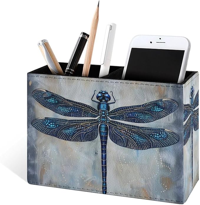 Famame Blue Ethnic Dragonfly Pencil Holder for Desk, Leather Desktop Container Pen Cup Storage Study Table Pen Organizer Makeup Brush Holder for Classroom Office Home