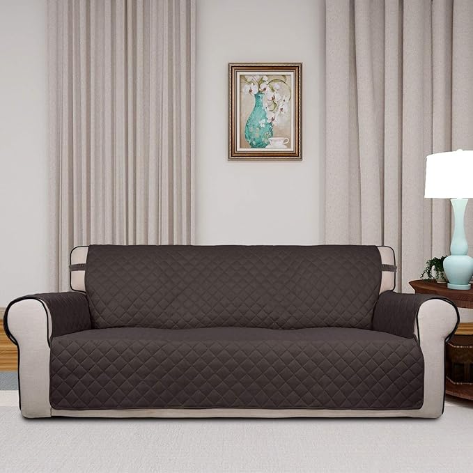 PureFit Reversible Quilted Sofa Cover, Water Resistant Slipcover Furniture Protector, Washable Couch Cover with Non Slip and Elastic Straps for Kids, Dogs, Pets (Sofa, Chocolate/Beige)