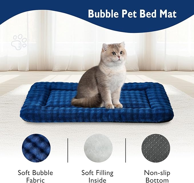 Pet Bed Mat Crate Pad for Cats Small Dogs, Washable Soft Pet Sleeping Mat Kennel Pad with 3D Bubble Pattern, Navy Blue, 24"x 18"
