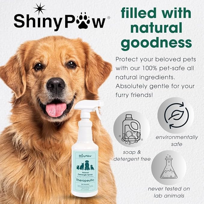 Pet Detangler Spray for Dogs & Cats 32 oz by Shiny Paw | Mint Essentials Detangler Spray | Hypoallergenic Dogs Detangler | Shines & Restores Coat | Made in The USA