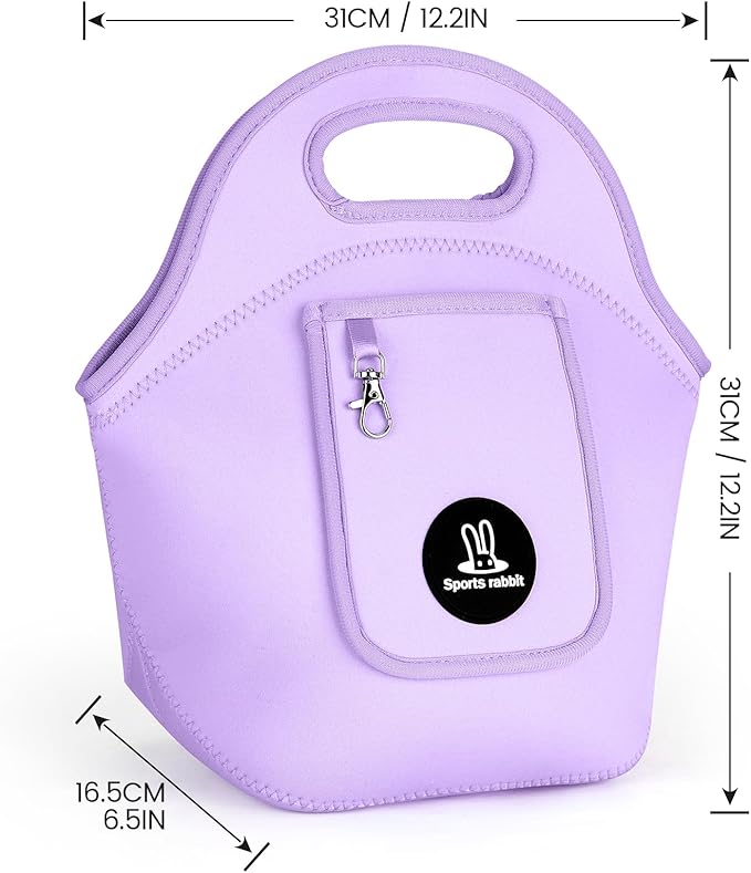 Sports rabbit Neoprene Insulated Lunch Bag for Women - Front Pocket for Phone&Keys - Reusable, Foldable, Lightweight, Waterproof, Easy to Store & Clean - Ideal for Work, Travel & Picnics (purple)