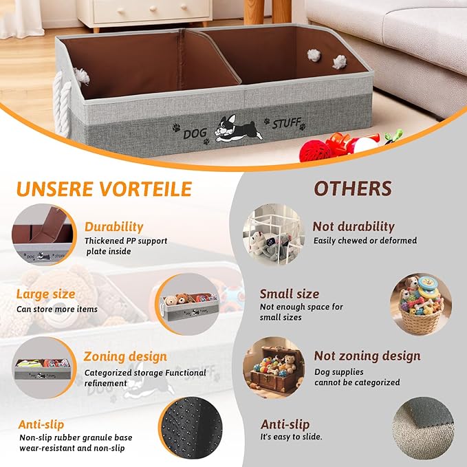 kiviron Large Dog Toy Basket with Handles, 28.5" Collapsible Multi-Purpose Hard Board Dog Toy box, Clothes, Dog toy storage (Gray,Coffee)