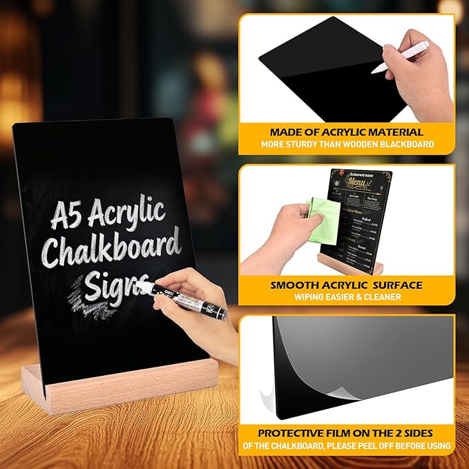 4 Pack Mini Chalkboard Signs - 8x6 inch Acrylic Chalk Board - Small Chalkboard Signs with Beech Base - Double Sided Blackboard for Display Menus, Food Signs, Message Boards, Table Numbers