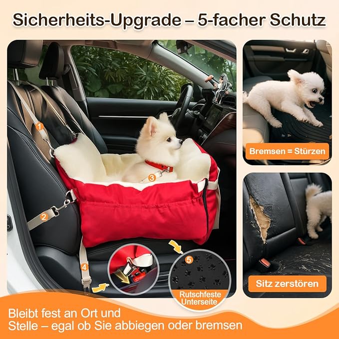 Dog Car Seat for Small Dogs with Extension Zone, Portable Washable Travel Bed for Pets up to 30 lbs, Booster Seat for Front Seat & Camping, Includes Harness Clip – Red