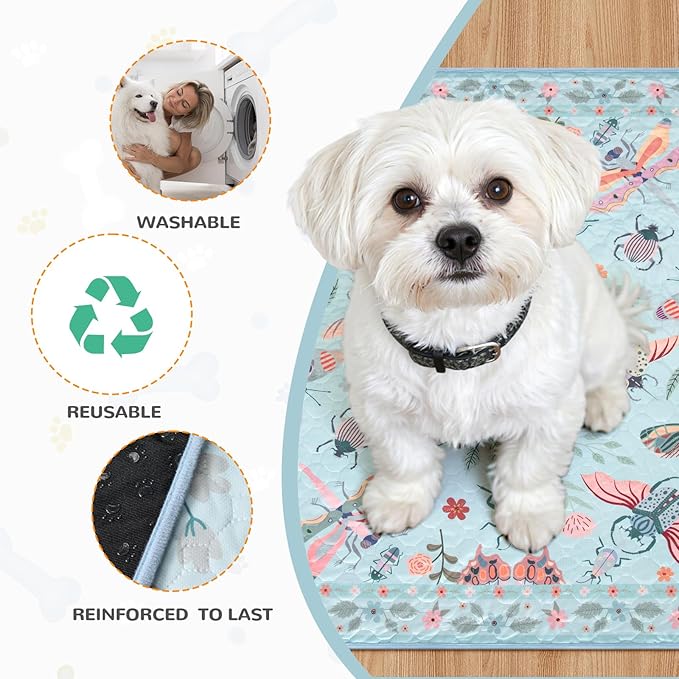 Lahome Washable Reusable Pee Pads for Dogs - Blue Butterfly & Insect Print 2 Pack Puppy Pads, Super Absorbent & Waterproof Training Mats for Crate & Floor - Leakproof with Non-Slip Backing (36"x48")