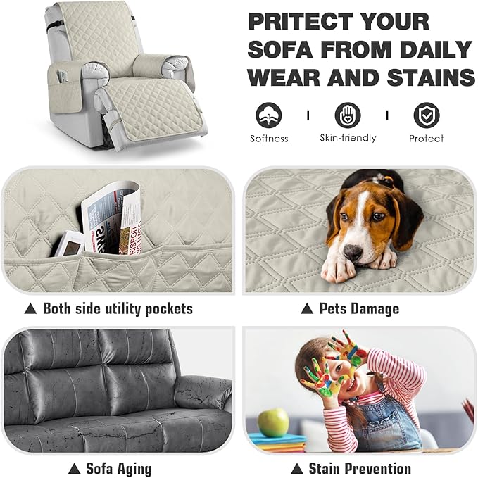 TAOCOCO 100% Waterproof Recliner Chair Cover Non-Slip Reclining Cover for Recliner Chair Washable Chair Seat Cover with Elastic Straps for Pets Sofa Slipcover with Pocket (Small 23'', Ivory)