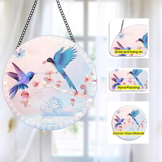Hummingbird Suncatcher 8 Inch Stained Glass Window Hanging Diamond Chain Hooks – Indoor/Outdoor Window Wall Art Home Décor -Gift for Women Men Valentine's Day Thanksgiving Ornaments Festival Gifts