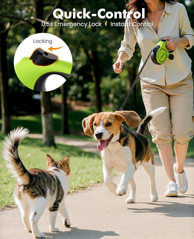 16ft Retractable Dog Leash with 18'' Chew Proof Steel Cable for Power Chewers & Pullers, Heavy Duty Locking for Medium/Large Dogs 33lbs-110lbs, Anti-Tangle & Poop Bag Holder Included(Green)