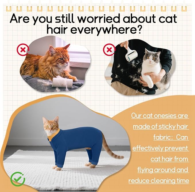 T'CHAQUE Sticky Hair Cat Onesie - Soft Long Sleeve Cat Pajamas, Anti-Shedding,Surgery Recovery Suit, Wound Protection & Preventing Licking, Kitten Sweaters for Male Female, Blue-L