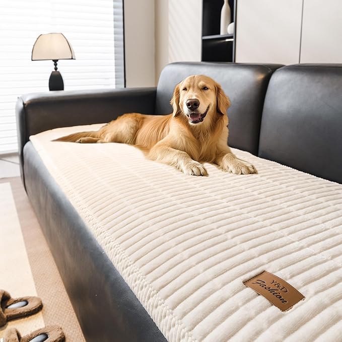 PJLZJFBY Couch Covers for Dogs, Velvet Dog Couch Cover, Pet Couchs Covers for 3-Seater, Couchs Protector for Dogs, Sofa Cover for Pets Washable(1PC, Beige White, 27.5"×82.6", 3-Seater)