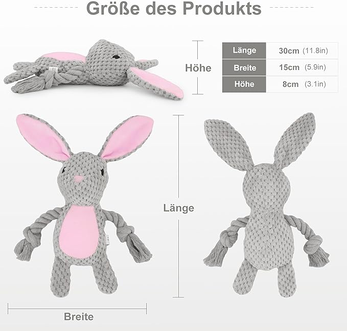 TONYFY Dog Toys, Dog Squeaker Toys with Crinkle Paper, Stuffed Animal Dog Plush Chewing Toy, Cotton Rope Interactive Toys for Puppy, Small, Middle Dogs (Gray Rabbit)