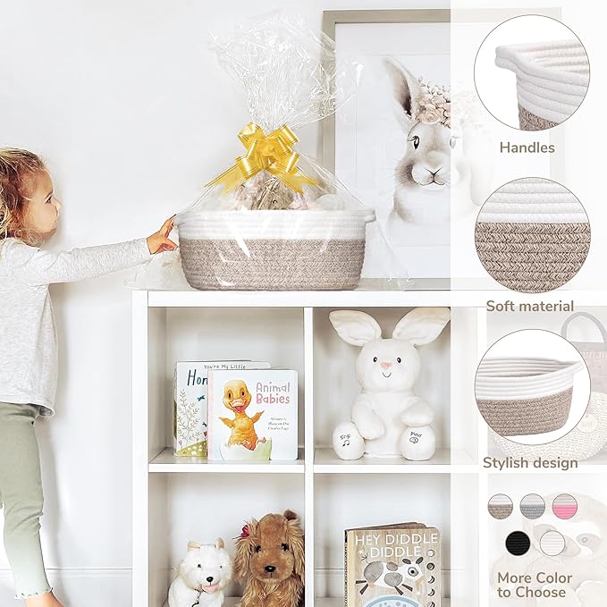 CHICVITA Gift Basket Empty to Fill, Easter Baskets for Gifts Empty, Small Basket with Bags & Ribbon, Dog Toy Storage, 12"x 8"x 5", Brown