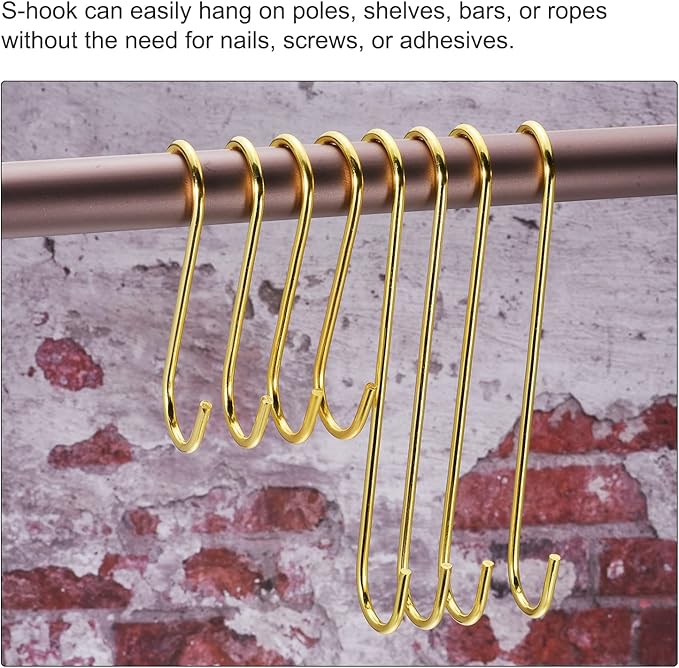 uxcell S Hanging Hooks, 16inch/400mm Extra Long Steel Hanger, Indoor Outdoor Uses for Garden, Bathroom, Closet, Workshop, Kitchen, Gold Tone, 6Pcs
