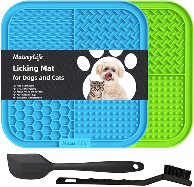 MateeyLife 2PCS Large Lick Mat for Dogs and Cats, Licking Mats for Dog Anxiety Relief, Cat Peanut Butter Lick Pad for Boredom Reducer, Dog Treat Mat Perfect for Bathing Grooming Blue&Green