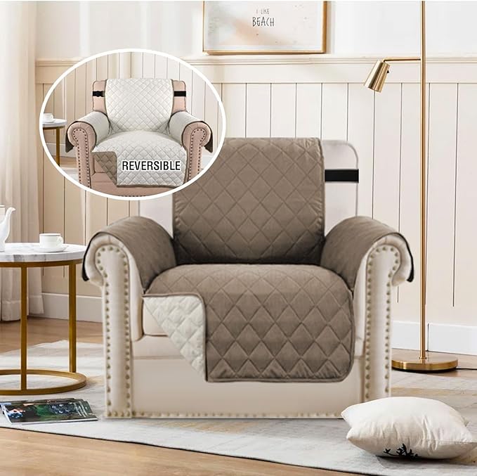 H.VERSAILTEX Water Repellent Chair Slipcover Reversible Stain and Dog Tear Resistant Slipcover Durable Furniture Protector with Elastic Strap Washable Chair Cover for Pet(Armchair, Taupe Brown/Beige)