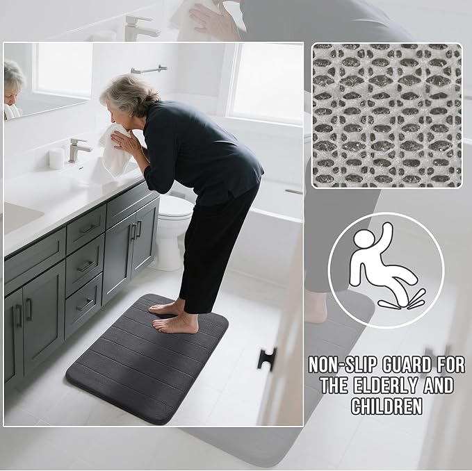 Yimobra Memory Foam Bath Mat, Super Soft Absorbent Bathroom Rug Non Slip 31.5x20 Inch, Quick Dry, Machine Washable Floor Carpet for Tub Shower, Home Decor Accessories, Dark Gray