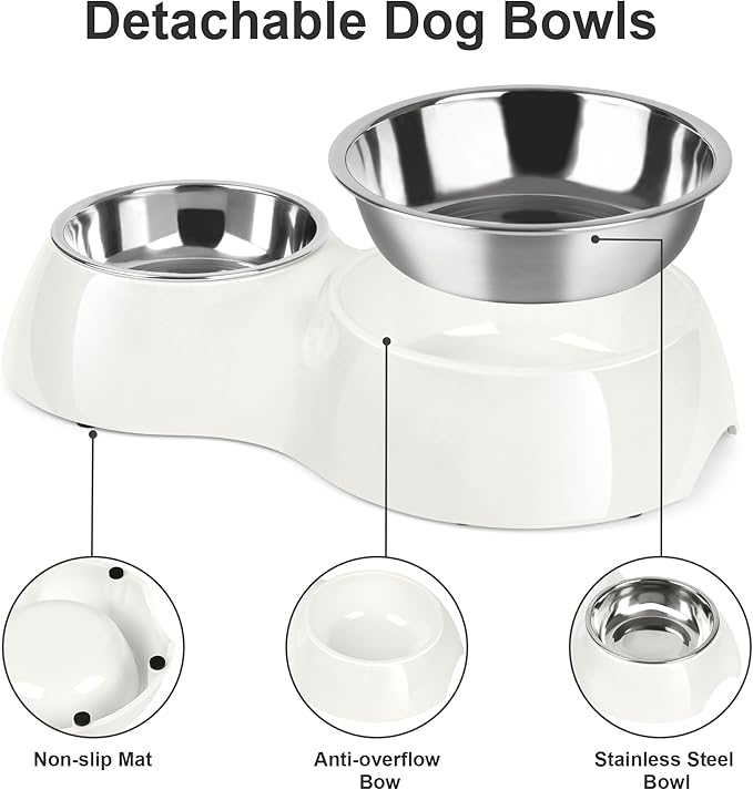 PetVillage Elevated Dog Bowls Set - Non-Slip Raised Pet Feeder with Medium (10 oz) & Large (20 oz) Stainless Steel Bowls - Includes Durable Resin Stand for Corgi Puppies and Adult Cats - White