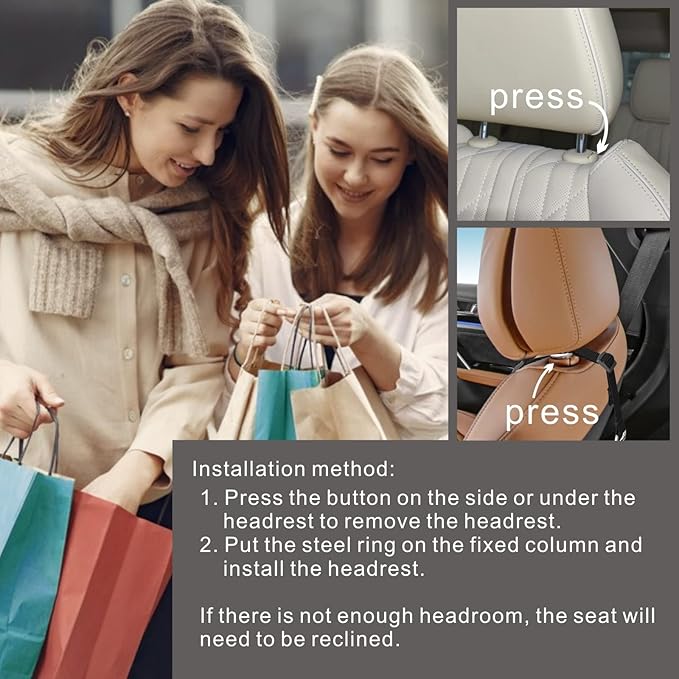 Car Headrest Hooks for Purse and Bags, Purse Holder for Car, Adjustable Back Seat Hanger, Metal Heavy Duty 100 lbs, (C1)