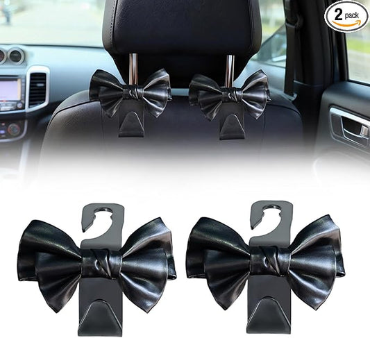 2 PCS Car Seat Headrest Hooks, Cute Bow Purse Hook Hanger for Car Headrest, Universal Leather Purse Holder for Umbrella, Storage Bag, Coat (Black)