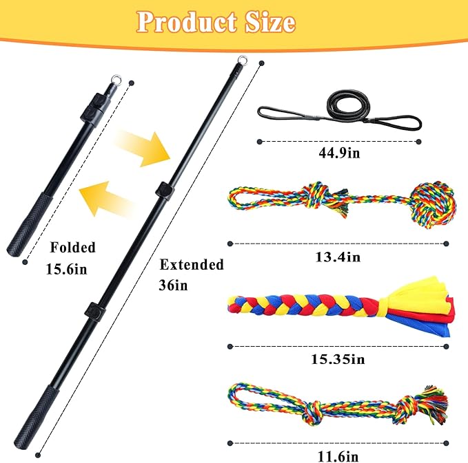 ASOCEA Flirt Pole for Dogs, Heavy Duty Dog Teaser Wand with 3 Replacement Chew Rope, Interactive Tug of War Chase Toy for Small Medium Large Dogs Portable Outdoor Exercise Training Play Equipment