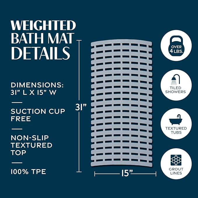 SlipX Solutions Weighted Non Slip Bath Mat for Textured Tub & Shower Surfaces, Patent Pending, Anti Slip Bathtub Safety Without Suction Cups, Doesn’t Float, Works on Tile & Stone 31” x 15”, Gray