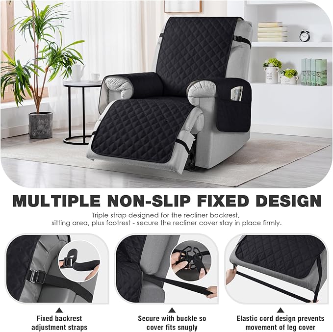 TAOCOCO Non-Slip Recliner Chair Cover Sofa Slipcover, Pet Cover for Small Recliner Chair with Elastic Straps, Washable Reclining Chair Cover Recliner Furniture Protector (23'' Small, Black)