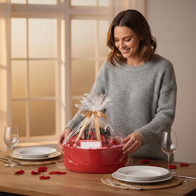 Gift Basket with Wrap Bag and Ribbon, Empty Small Woven Basket for Gift, Cute Decorative Gift Organizer for Baby Showers, Raffle, Valentine‘s, Easter and Mum – 12"x8"x5", Red