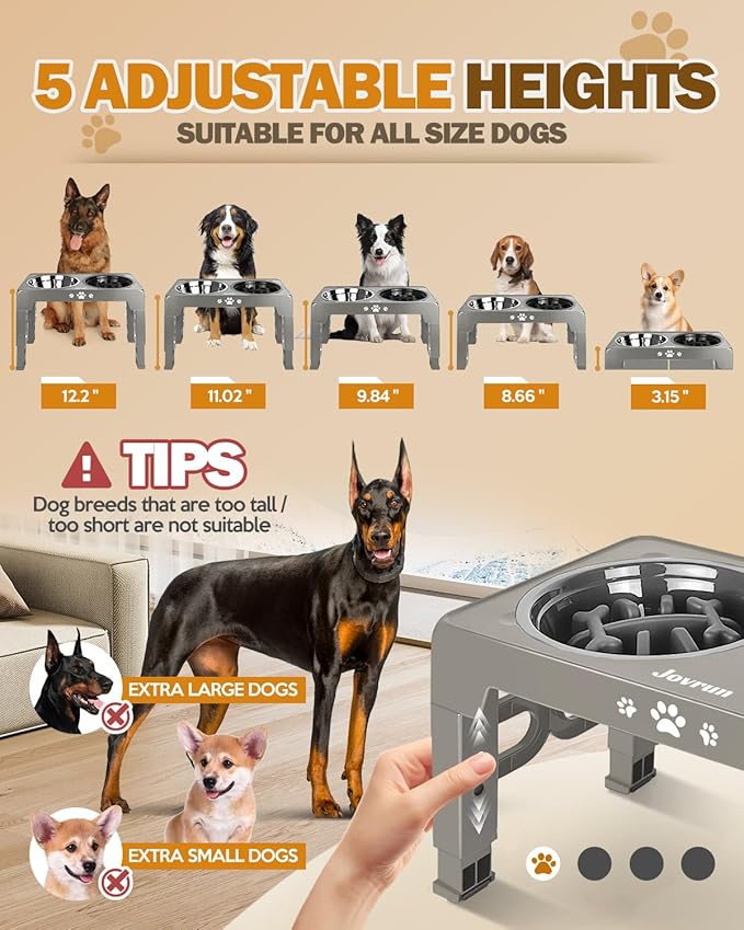 Jovrun Elevated Dog Bowls, Dog Feeder with Stainless Steel Dishes & Slow Feeder Bowl, 5 Heights Adjustable Raised Stand for Medium Large, Food Dishes with Non-Slip Feet