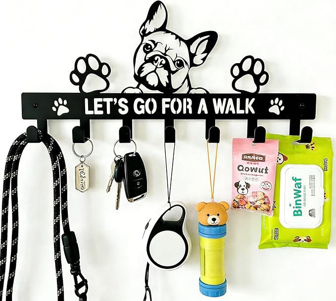 French Bulldog Leash Holder for Wall, Entryway Key Rack, Wall Key Holder & Key Hanger, Black Dog Leash Hooks for Front Door, French Bulldog Decor Accessories Gift, Dog Storage