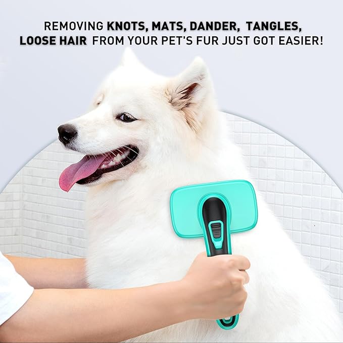 Self Cleaning Slicker Brush for Dog and Cat - Skin Friendly Shedding & Grooming Tool for Long and Short Haired Pets,Easy Clean Retractable Bristles,Green