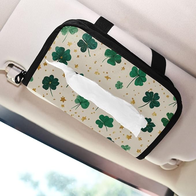 Car Tissue Holder Car Napkin Holder Car Tissue Box Dispenser Storage Case Sun Visor Mask Holder with Adjustable Straps Reusable Refillable Green Clovers and Stars