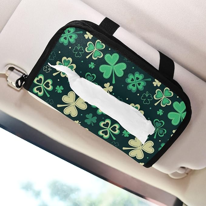 Car Tissue Holder Car Napkin Holder Car Tissue Box Dispenser Storage Case Sun Visor Mask Holder with Adjustable Straps Reusable Refillable Green Clover Leaves
