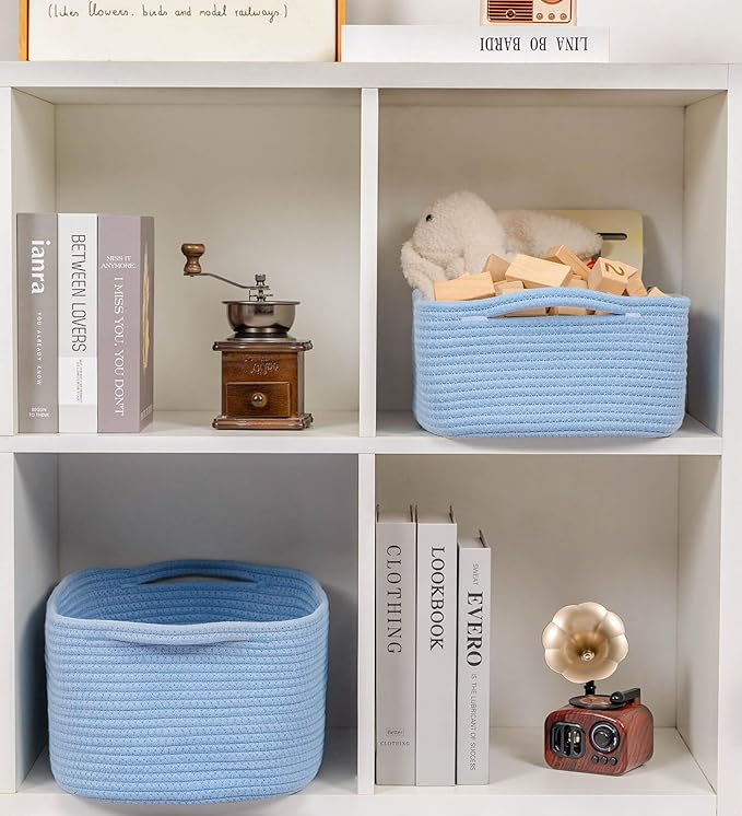 CubesLand Cube Storage Organizer Basket Bin, Cube Shelf Shelves Cotton Rope Basket, Durable Woven Rectangular Basket for Organizing, Nursery Toys Basket, 14x10x7.08IN Blue Basket