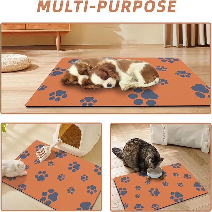 18"×30" Dog Food Mat-Absorbent Dog Mat for Food and Water, No Stains Quick Dry Cat Food Bowl Mat with Footprints for Messy Drinkers,Orange