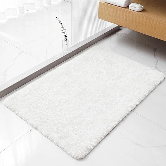 White Bathroom Rugs 24"x36" - Fluffy Microfiber Bath Mat, Non Slip and Absorbent Bathroom Floor Mat, Machine Washable Plush Rug - Ideal for Tub, Cabinet or Washroom