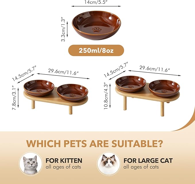 Elevated Ceramic Cat Dish with Paw Print, Wide Whisker Friendly Anti-Slip Food & Water Bowl with 2 Heights Adjustable Stand - Pet Bowl Set for Cats (2 Dishes +Stand, Caramel Brown)