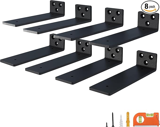 8-Pack 8 Inch Floating Shelf Brackets, Heavy Duty Hidden Shelves Bracket for Small Shelf, Kitchen Shelf, Nursery Shelf, Black Powder Coated Steel