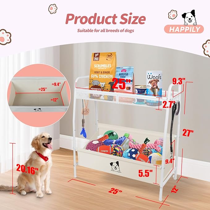 Large Dog Basket, Metal Oxford Puppy Bin with Storage Organizer, Trapezoid Doggy Bin for Living Room for Dog Lovers, White