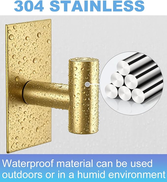 5 Pcs Towel Hooks Heavy Duty for Hanging，Adhesive Wall Hooks with Removable Strips，Sticky No Damage，Outdoor for Bathrooms，Shower，Stockings，Decor，Robe，X-Large，Gold 304 Stainless Steel