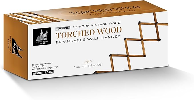 Expandable Wooden Coat Rack Hanger - Large Accordion Hanger with Expanding Pegs | Hand Made Rustic Wooden Hat Rack for Wall | Hang Coat, Jacket, Hat | Wall Rack – 14 Hook, Torched Wood