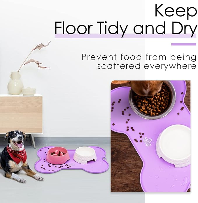 Super Design Dog Food Mat Dog Bowl Mat for Food and Water Silicone Non Spill Cat Feeding Mat Puppy Placemat Waterproof - 20.5" x 14.5", Purple