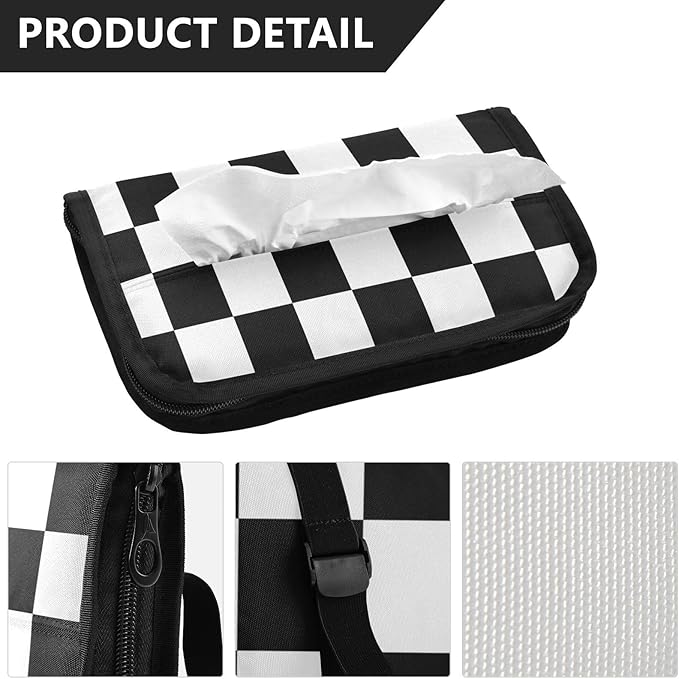 Car Tissue Holder Car Napkin Holder Car Tissue Box Dispenser Storage Case Sun Visor Mask Holder with Adjustable Straps Reusable Refillable Checkered Black and White