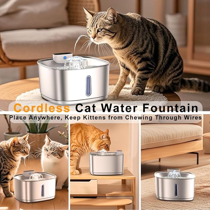 Wireless Cat Water Fountain Stainless Steel, 108oz/3.2L Cat Fountain Battery Operated, Cordless Pet Water Fountain for Cats & Dogs with Motion Sensor, Ultra Quiet Pump, Multi-Filtration
