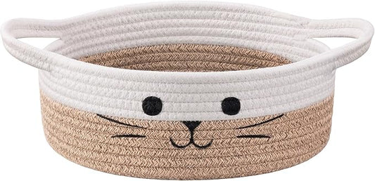 Cute Cat Toy Basket, Gift Baskets Empty for Home Decor, Soft Woven Basket for Living Room, Decorative Storage Baskets for Diaper Caddy, White & Brown, 9.8 x 4 inches