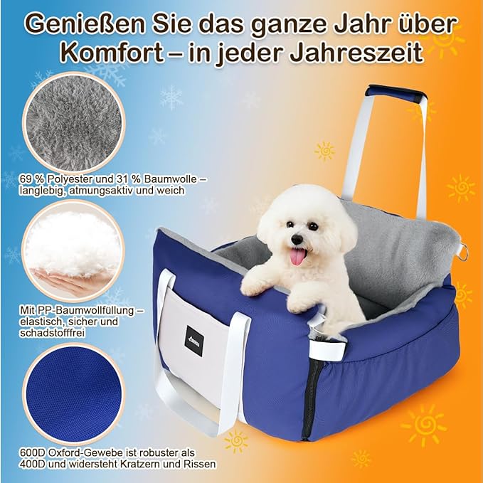 Dog Car Seat for Small Dogs with Extension Zone, Portable Washable Travel Bed for Pets up to 30 lbs, Booster Seat for Front Seat & Camping, Includes Harness Clip – Blue
