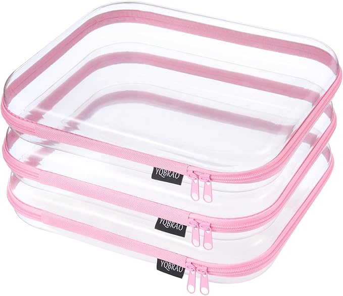 YQBRAO 3-Pack Large Clear Hard Shell Zipper Case, 1.2mm Ultra-Thick Rigid Toy & Closet Organizer, Heavy-Duty Diaper Bag Pouch Set with YKK Zippers, Waterproof Travel Storage (Pink)